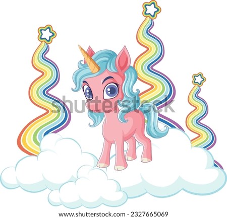 Unicorn standing on cloud with rainbow illustration