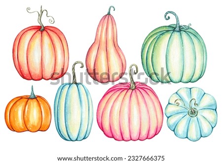 Set of hand drawn watercolor pumpkins, autumn illustration