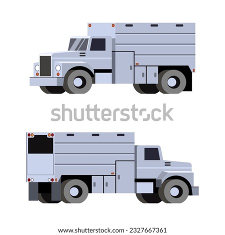 Chip truck. Wood chip vehicle for collecting and carrying chipped felled trees and brunches after tree trimming into back of chip truck. Front and back side view. Vector clip art on white background