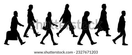 Silhouettes of business people walking, men and women full length side view. Vector illustration isolated black on white  background . Avatar, icons for website. Royalty-Free Stock Photo #2327671203