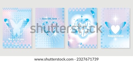 Idol lover posters set. Cute gradient holographic background vector with heart pixel, heart, sparkle, butterfly, halftone. Y2k trendy wallpaper design for social media, cards, banner, flyer, brochure. Royalty-Free Stock Photo #2327671739