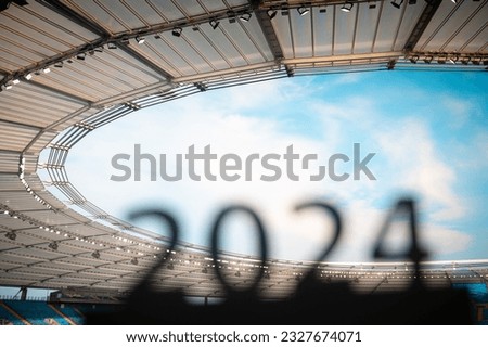 Silhouette of '2024' Sign Embraces the Glory of Sports Year and Summer Games in Paris.