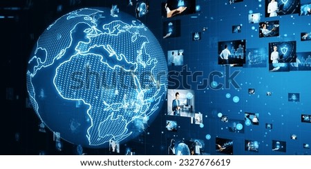 Connecting businesspeople, video conference concept. Abstract blue globe with grid and images on blurry background