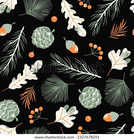 Forest elements retro seamless pattern. Christmas gift wrapping. Vector illustration.