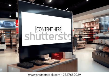 Selective focus on blank interactive display TV panel inside a grocery store with unbranded items around it ideal for store purchase concept. Slant Digital Signage. Royalty-Free Stock Photo #2327682029