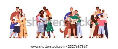 Happy big families hug set. Parents and kids embrace with love, support. Mothers, fathers, children cuddle. Bonding relationship concept. Flat graphic vector illustrations isolated on white background
