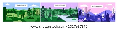 Abstract nature landscapes set. Natural backgrounds, valleys with trees, plants, green grass, hills, field and forest. Countryside environment, rural sceneries panorama. Flat vector illustrations Royalty-Free Stock Photo #2327687871