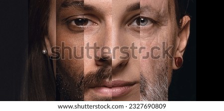 Human face made from portrait of different people of diverse age, gender and race over black background. Concept of social equality, human rights, freedom, diversity, acceptance Royalty-Free Stock Photo #2327690809