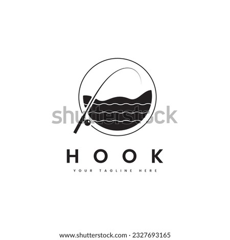 Hook fishing logo. Curved fishing rod with sea water view, for fishing logo.