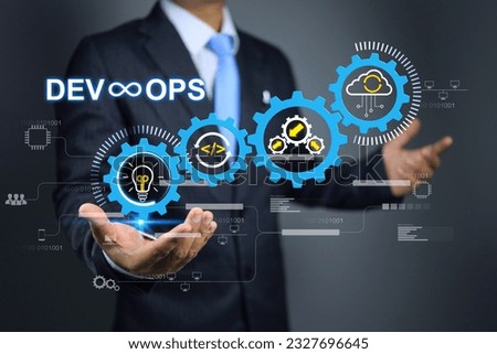 DevOps software development and IT operations, software engineer, project manager working on agile methodology, dev ops icon and javascript. Development Operations programming technology concept. Royalty-Free Stock Photo #2327696645