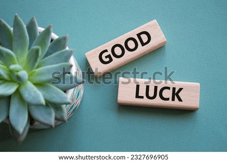 Good luck symbol. Wooden blocks with words Good luck. Beautiful grey green background with succulent plant. Business and Good luck concept. Copy space. Royalty-Free Stock Photo #2327696905