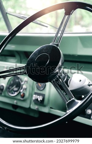 Close-up of steering wheel inside classic car, Vintage steering wheel background