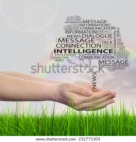 Concept conceptual tree word cloud tagcloud, man or woman hand on rainbow sky green background, metaphor to communication speech, message, mail, dialog, talk, contact, email, internet