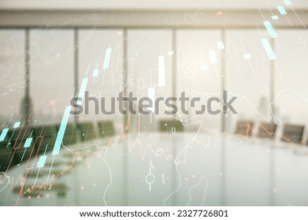 Double exposure of abstract creative financial chart hologram and world map on a modern meeting room background, research and strategy concept