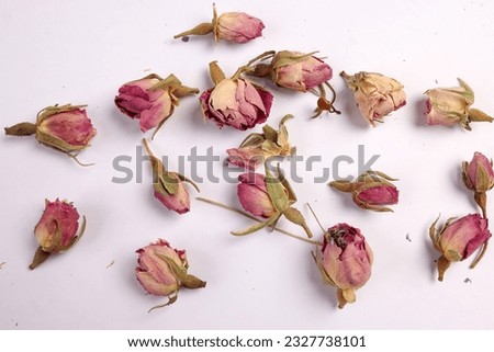 Dry flower tea rose bud butterfly pea chamomile flower on white background 