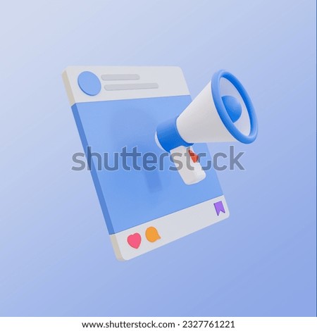 3d minimal social media advertisement. social media marketing. business announcement. social media post with megaphone. 3d illustration. clipping path included.