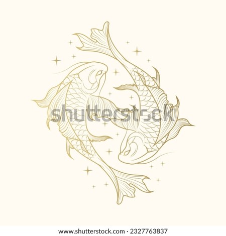 Celestial koi fish, symbol of harmony and balance. Golden japanese art for t-shirt, print and stickers. Hand drawn vector illustration isolated on white background.