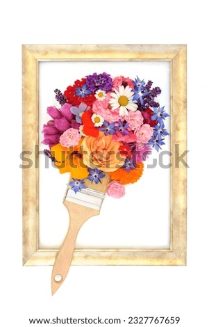 Surreal painting with summer flowers and herbs with paintbrush and rustic gold picture frame. Natural herbal medicine and edible food art. Greeting card design. On white background.