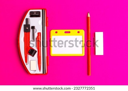 front view geometric figures with pencil on the purple background math color photo science school