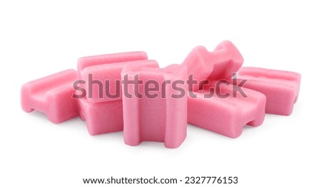 Many tasty pink chewing gums on white background Royalty-Free Stock Photo #2327776153