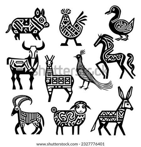 A set of farm animals created in a black silhouette style with minimal tribal patterning.
