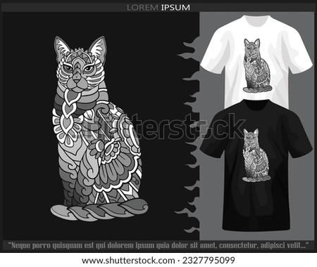 Monochrome cat mandala arts isolated on black and white t shirt.