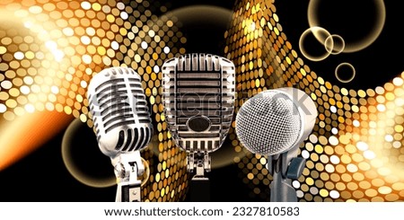 Professional studio microphone recording voice with audio waveform signal, recording studio.