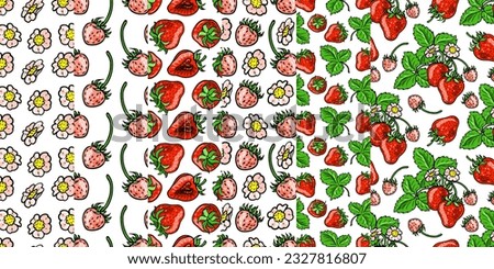 Red strawberries, pink flowers and green leaves. Seamless patterns set. Banner with color berries. Hand-drawn flat image. Vector illustration on a white background.
