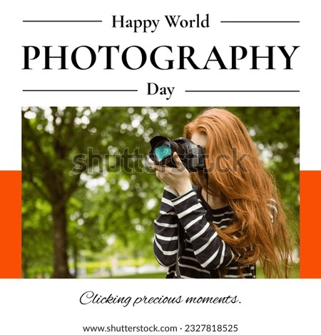 Happy world photography day text in black with caucasian female photographer using slr camera. Global celebration of photography, clicking precious moments campaign digitally generated image.