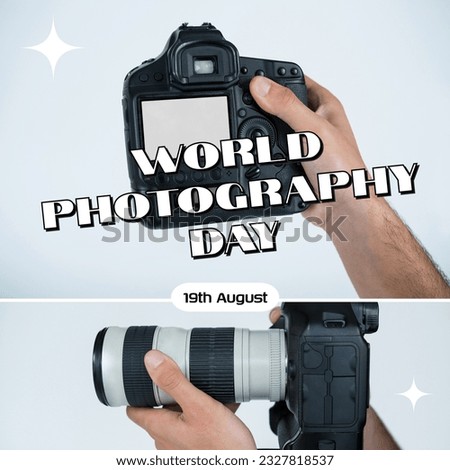 World photography day text in white over hand of caucasian man showing camera back, and zoom lens. Global celebration of photography promotional campaign digitally generated image.