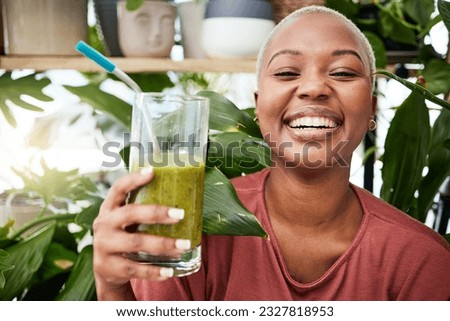 Health, diet and happy with black woman and smoothie for detox, breakfast and protein. Nutrition, food and weight loss with face of person and drink for green juice, vitamins and supplement Royalty-Free Stock Photo #2327818953