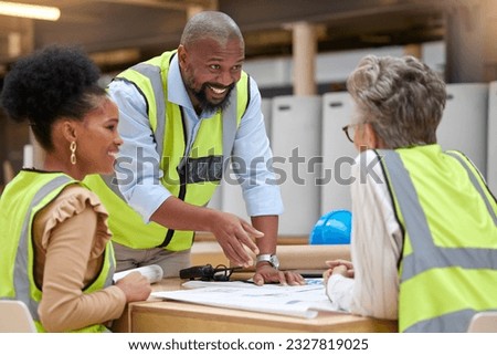 Manager, meeting or happy civil engineering team planning a building or construction architecture. Teamwork, leader or designers talking or speaking of floor plan idea in discussion or collaboration Royalty-Free Stock Photo #2327819025