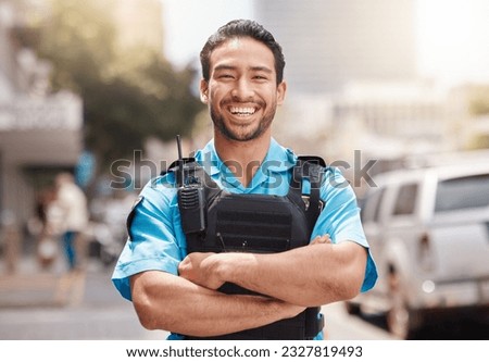 Security guard, safety officer and happy portrait of man outdoor to patrol, safeguard and watch. Professional Asian male on city street for crime prevention, law enforcement and service with a smile Royalty-Free Stock Photo #2327819493