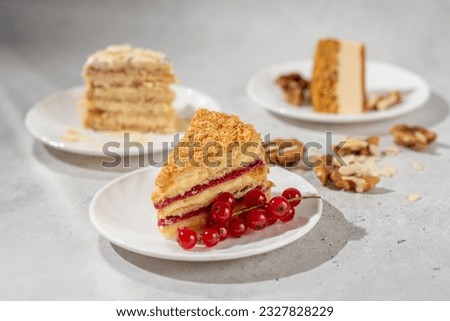 Piece of Napoleon cake. Layered cake with custard on white plate with red currant. Delicious dessert with cream and berries layers on gray background. Different pieces of cakes next to it. Sweet food