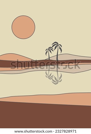 Desert oasis in daytime and water minimalistic printable illustration. Dunes and palms Royalty-Free Stock Photo #2327828971