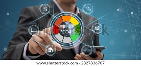 Business, technology, internet concept on hexagons and transparent honeycomb background. Businessman pressing button on touch screen interface and select credit score