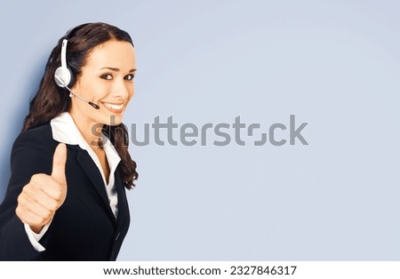 Ad concept photo - customer care support, advisor phone operator show thumb big finger up, like hand sign gesture, isolated gray background. Consulting assistance service contact call center
