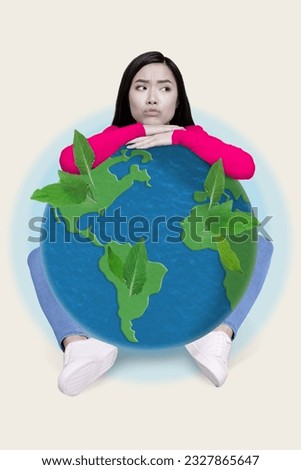 Vertical concept creative illustration photo collage of cuddle planet earth think how to improve ecology isolated white color background
