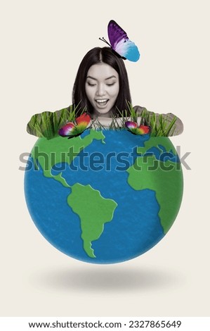 Photo cartoon comics sketch collage picture of excited lady watching planet nature isolated creative background