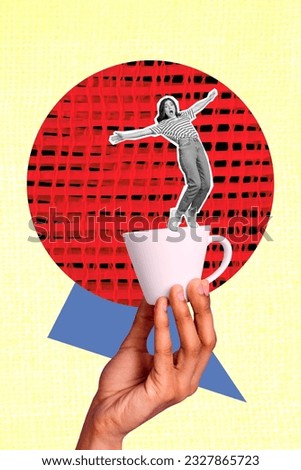 Vertical collage picture of arm fingers hold coffee cup mini black white colors girl balancing isolated on drawing yellow background