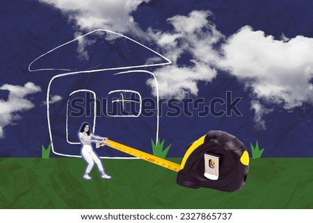 Collage picture of struggling mini black white colors girl hands pull huge measure ruler roulette drawing house clouds sky isolated on paper background