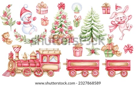 Vintage Santa's train Watercolor Clipart, Cartoon constructor with locomotive, Christmas tree, snowman, bunny and gifts. Hand drawn clip art for create holiday design, custom greeting cards