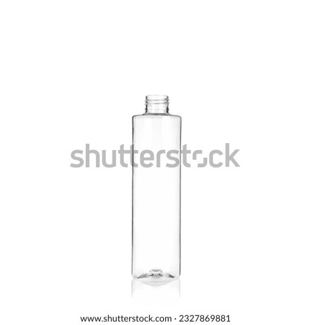 Transparent cylindrical PET bottle container. Packaging of antiseptic. Template of a bottle for cosmetics and medical products. Isolated on white background, copy space template, banner. Royalty-Free Stock Photo #2327869881