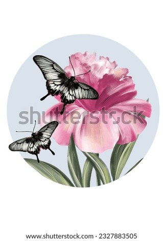 Pink peony flower with the butterflies, vector illustration for postcards,  greeting cards, posters, invitations, certificate design, t shirt design, print, cup design, stickers and more.