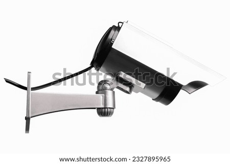 Surveillance CCTV camera isolated on white background. Safety security technology and innovative police criminal alarm protection video and sound voice record equipment surveillance system concept.