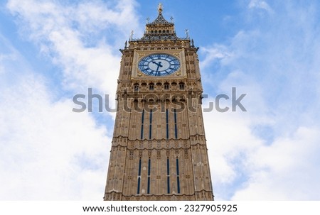 View on Big Ben from the Bridge Street. Low Angle photo. London, England. The Great Clock of Westminster.  Royalty-Free Stock Photo #2327905925