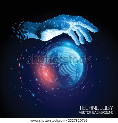 Vector. Dark blue abstract tech background. The human hand covers the planet Earth. Futuristic polygonal image. Modern technologies. Dynamics and movement. Virtual reality and nanotechnologies.