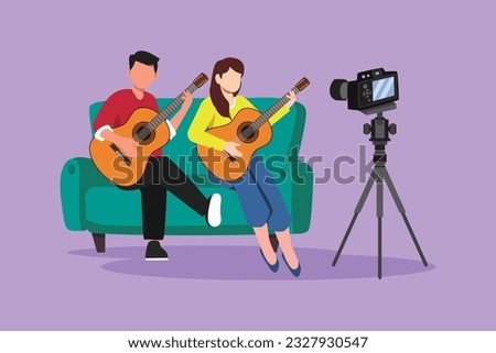 Cartoon flat style drawing couple vlog influencer performing music show to streaming internet online audience listening at home. Man woman playing guitar, sing song. Graphic design vector illustration