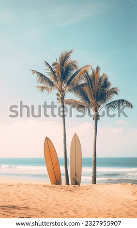 A beach scene with palm trees and surf boards standing up in the sand. Muted colors, soft colors, blue, tan, orange, green, white. 