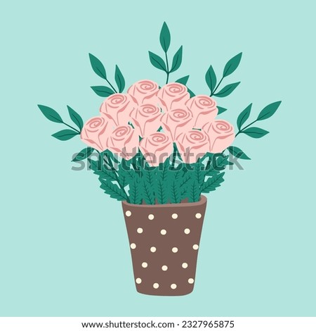 Illustration of vase with flowers. Bright blooming flowers in vase. Design element for greeting card, invitation, print, sticker. Illustration for birthday, mother's day, valentine's and woman's day.